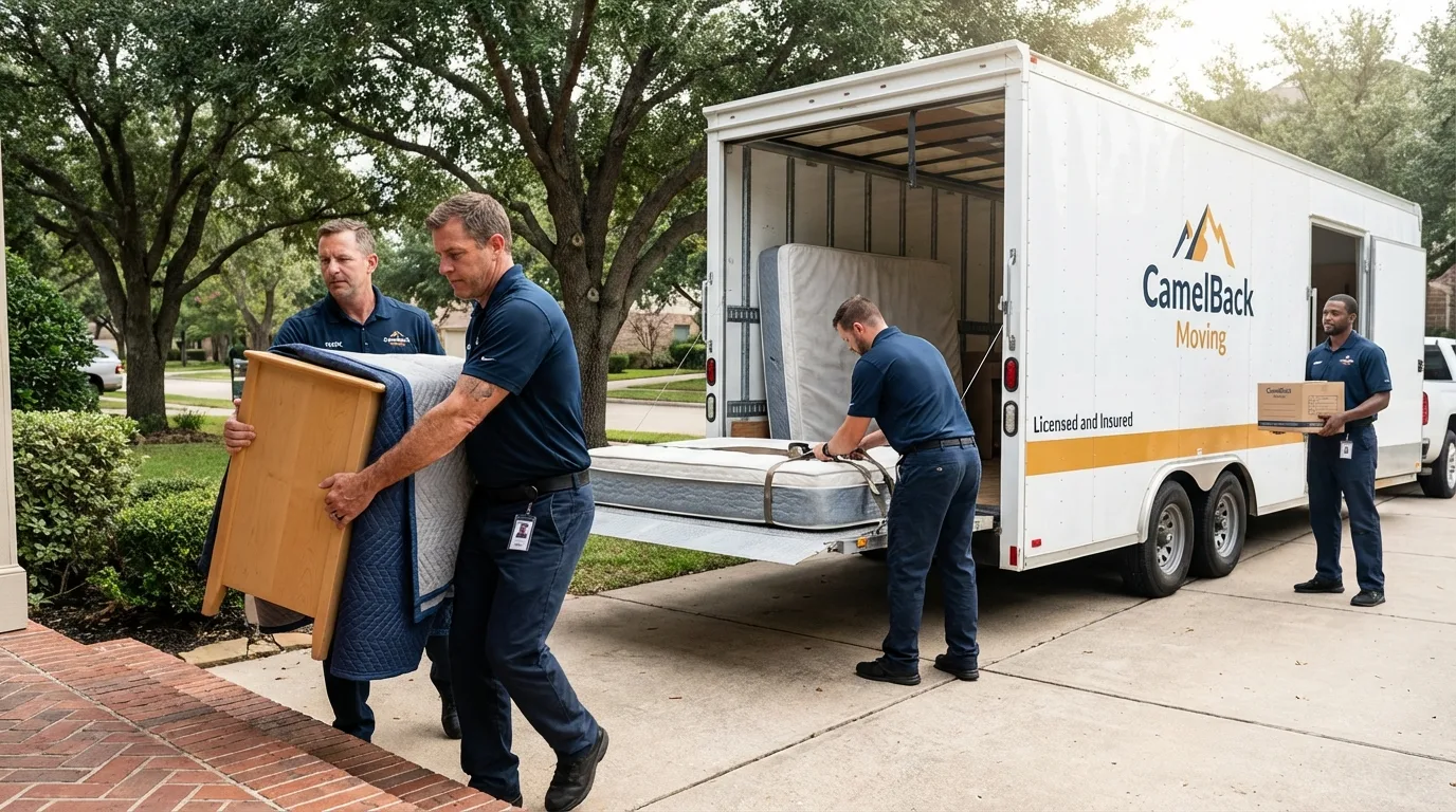 Crew loading residential truck for cross-state move from Sherman, TX