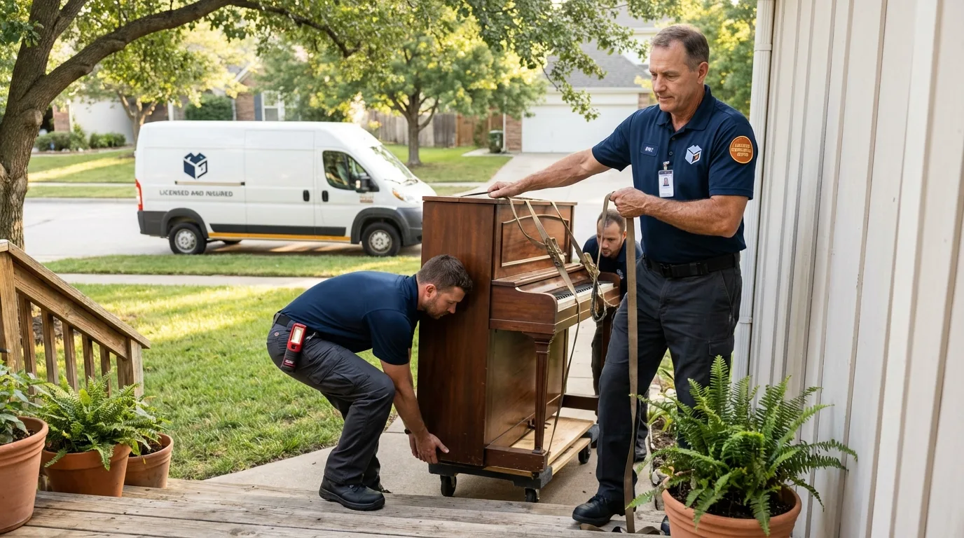 Licensed piano movers securing grand piano in Sherman, TX